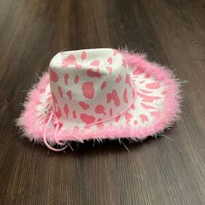 Baby Pink Cow Print cowboy hat with string
